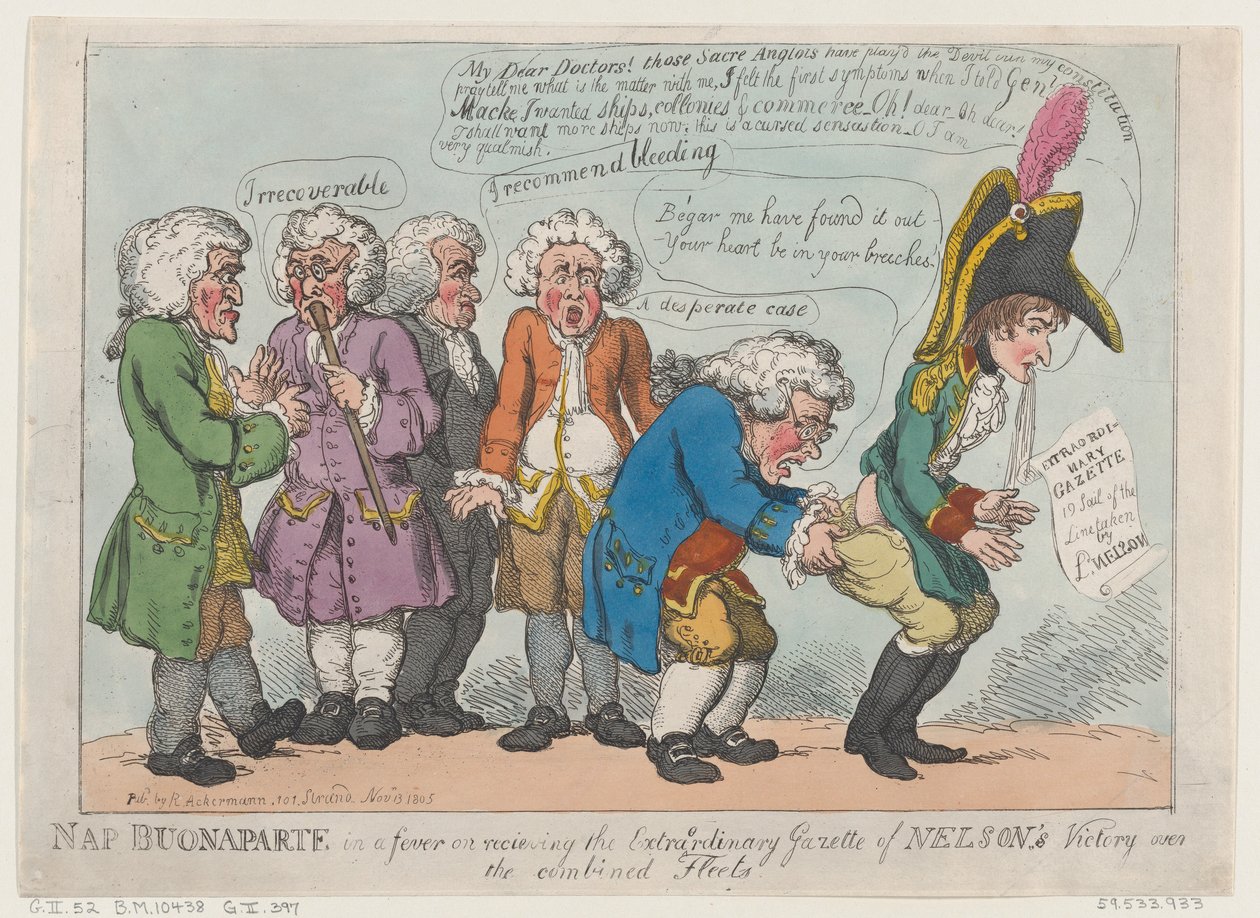 Drzemka Buonaparte w gorączce po otrzymaniu nadzwyczajnego dziennika Nelsona ..., 13 listopada 1805 r. autorstwa Thomas Rowlandson
