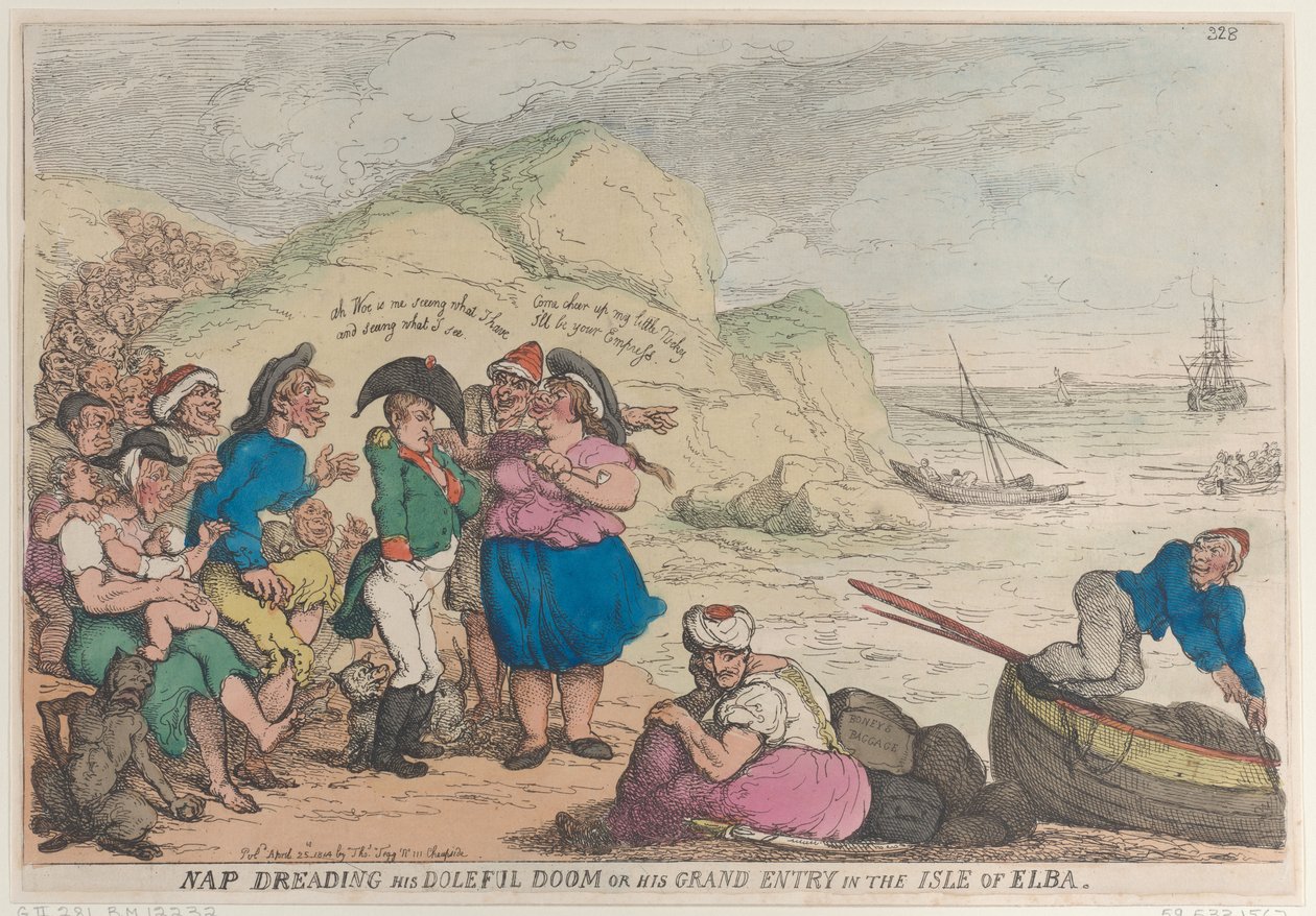 Drzemka w obawie przed swoją smutną zagładą lub wielkim wejściem na wyspę Elba, 20 kwietnia ..., 20 kwietnia 1814. autorstwa Thomas Rowlandson