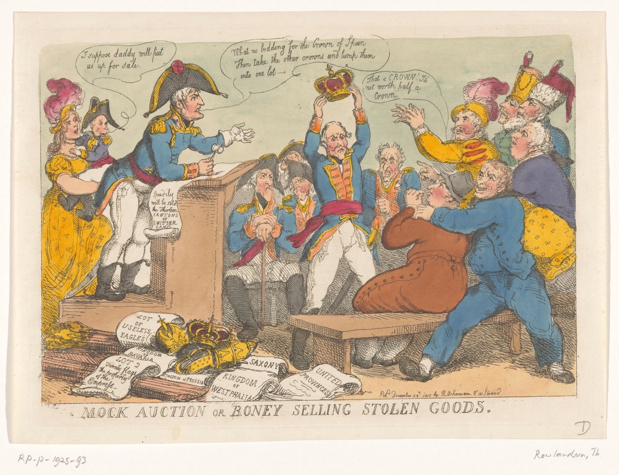 Napoleon sprzedaje skradzione towary, 1813 Aukcja pozorna lub Boney sprzedająca skradzione towary (tytuł na przedmiocie) autorstwa Thomas Rowlandson
