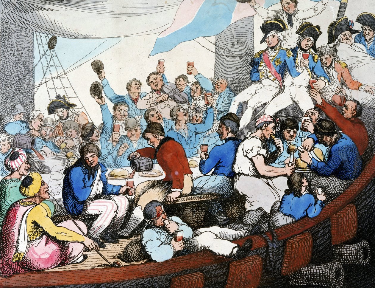 Wojny napoleońskie, kampania egipska (wyprawa) (1798-1801): Admirał Horatio Nelson (1758-1805) świętuje ze swoimi żołnierzami chwalebne zwycięstwo w bitwie nad Nilem (bitwa pod Abukirem) (sierpień 1798), na pokładzie swojej łodzi autorstwa Thomas Rowlandson
