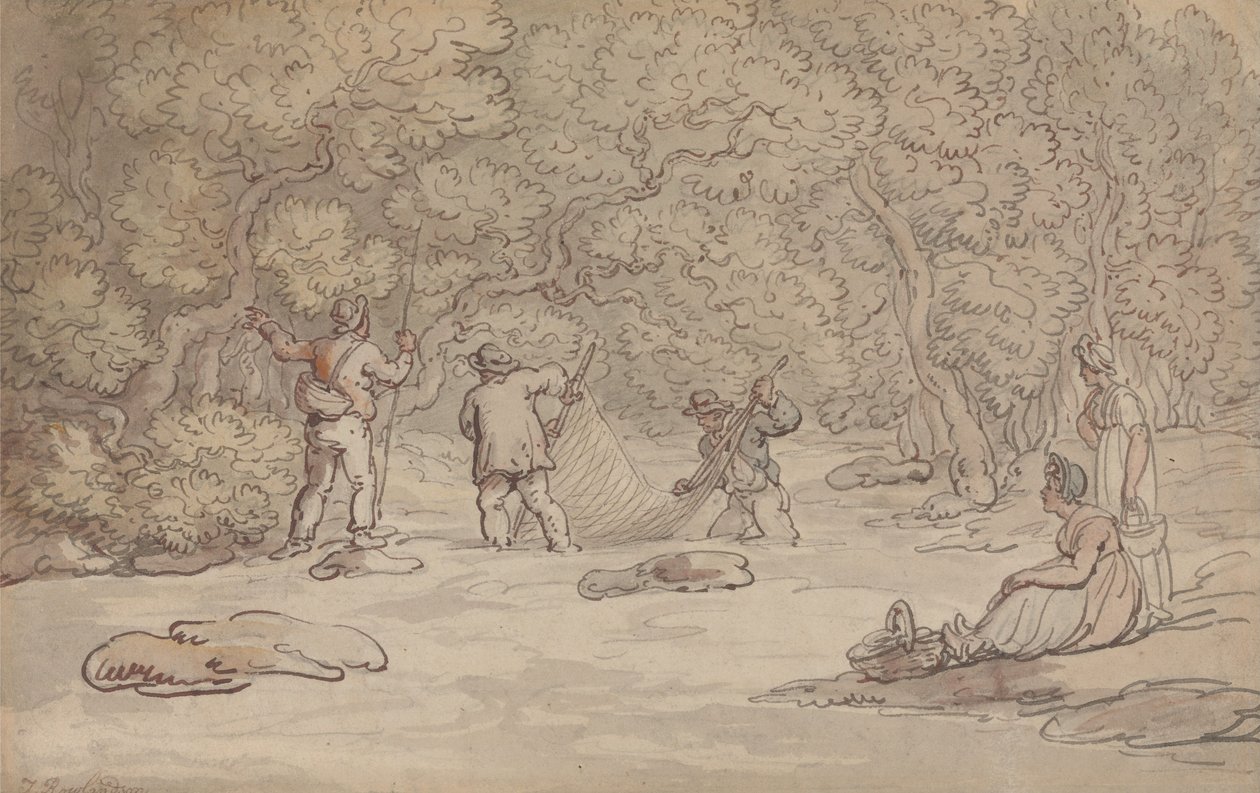 Zabezpieczanie basenu do połowu łososia siatką autorstwa Thomas Rowlandson