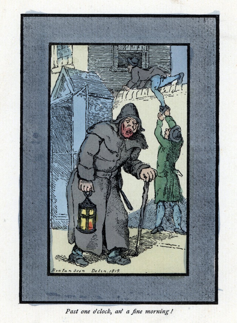 Stróż nocny z latarnią i kijem, nieuważny na dwóch włamywaczy wchodzących do domu za nim (1819). Drzeworyt, oparty na obrazie Thomasa Rowlandsona (1756-1827), opublikowany w The Cris of London: z sześciorgiem uroczych dzieci i prawie 40 ilustrami autorstwa Thomas Rowlandson
