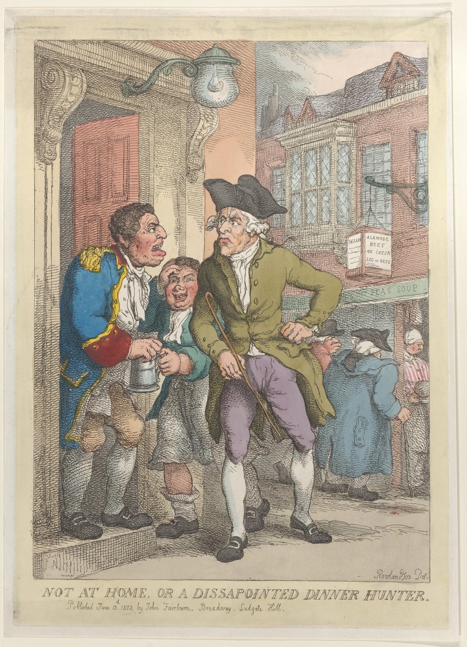 Nie w domu, albo rozczarowany łowca obiadów, 13 czerwca 1823, 13 czerwca 1823. autorstwa Thomas Rowlandson