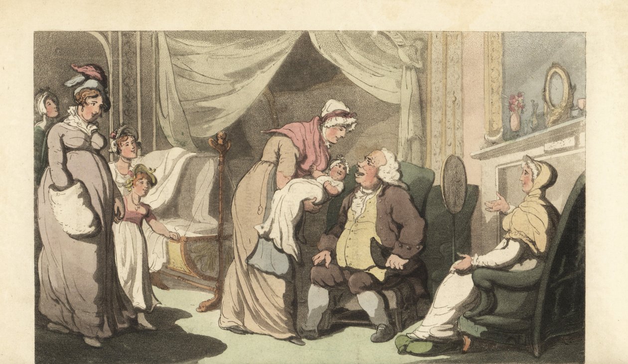 Pielęgniarka pokazująca dziecko starszemu mężczyźnie i kobiecie autorstwa Thomas Rowlandson