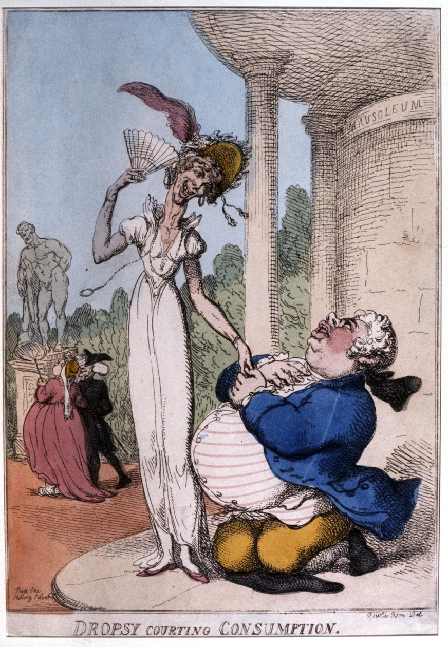 Otyły mężczyzna zabiegający o względy chorego na gruźlicę: opuchlizna i gruźlica, początek XIX w. (karykatura) autorstwa Thomas Rowlandson