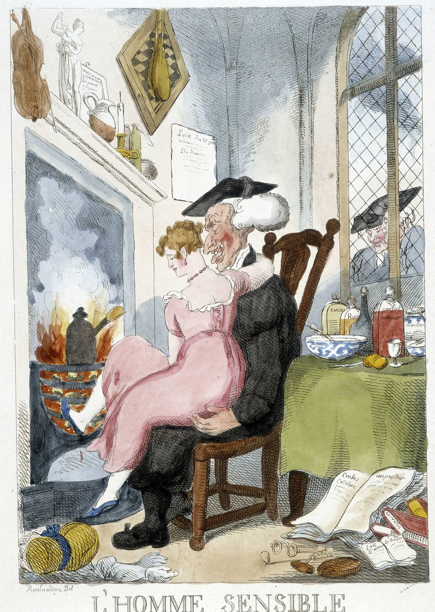 Stary mężczyzna (esiastyczny) obmacujący młodą kobietę siedzącą na kolanach - karykatura Rowlandsona autorstwa Thomas Rowlandson