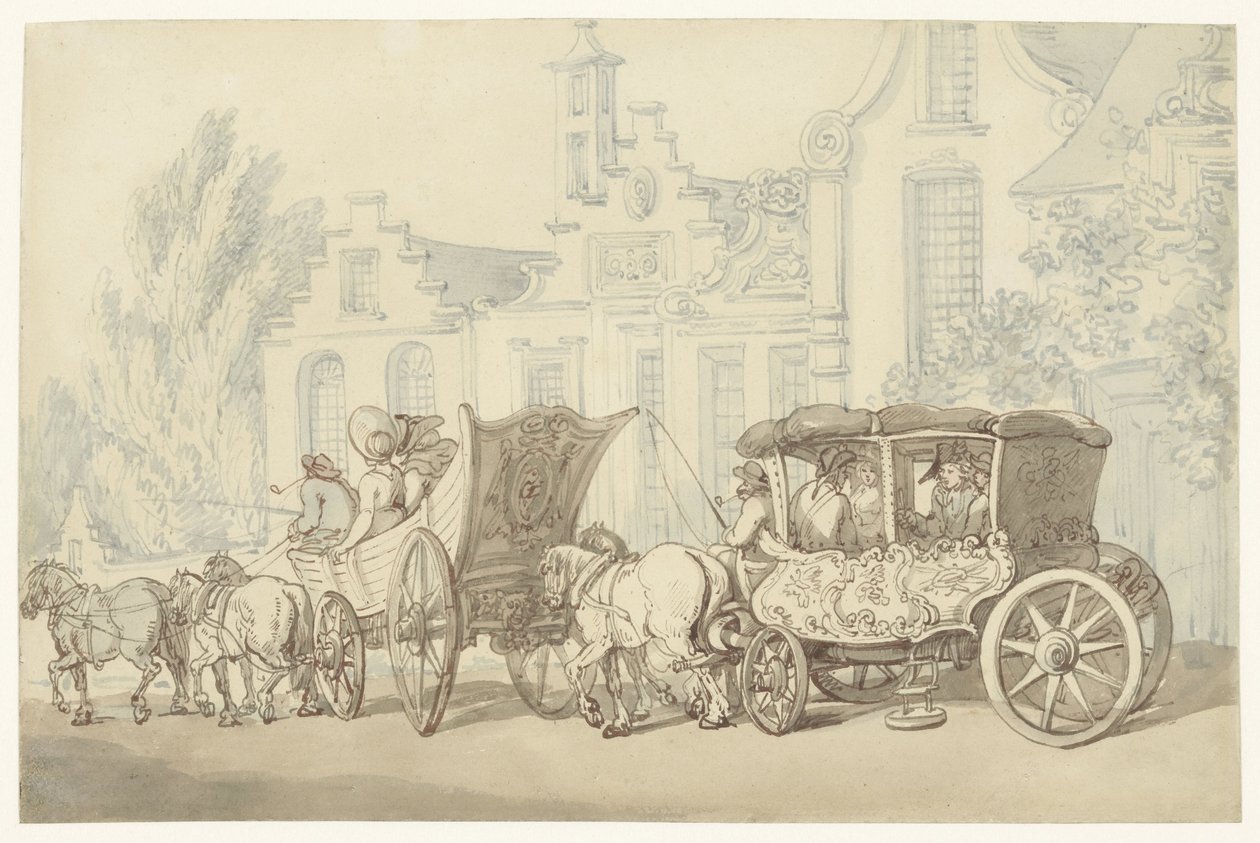 Otwarte auto wycieczkowe i bryczka na quasi-holenderskiej ulicy autorstwa Thomas Rowlandson