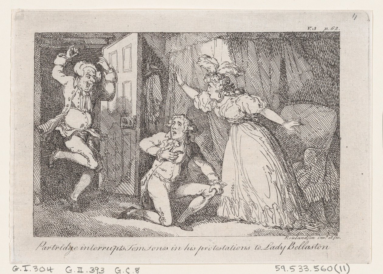 Partridge przerywa Tomowi Jonesowi w jego protestach przeciwko Lady Bellaston, z Historii ..., 1792. autorstwa Thomas Rowlandson