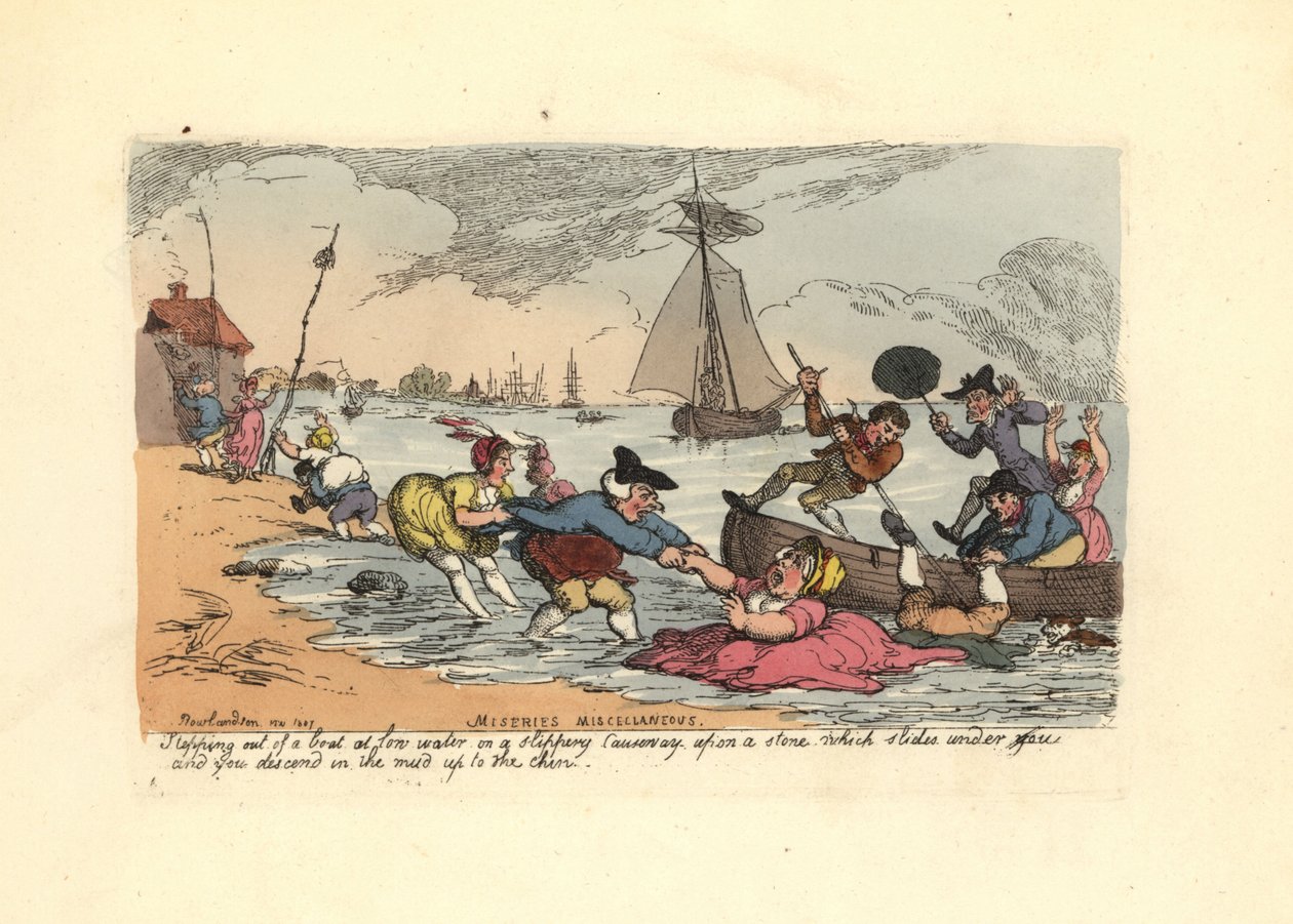 Pasażerowie poślizgnęli się i wpadli do błota rzecznego. autorstwa Thomas Rowlandson