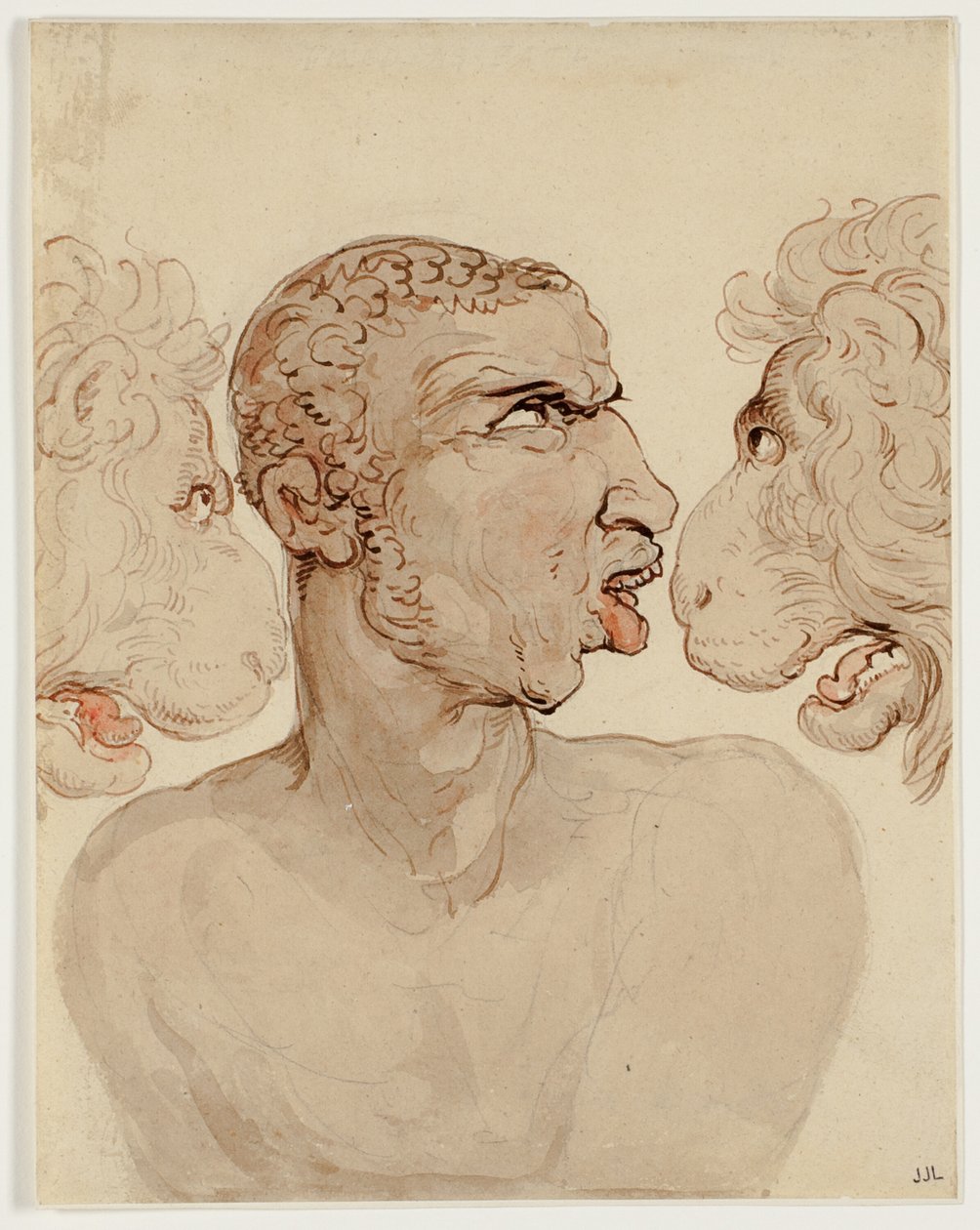 Studium fizjonomiczne głowy mężczyzny i dwóch lwów autorstwa Thomas Rowlandson