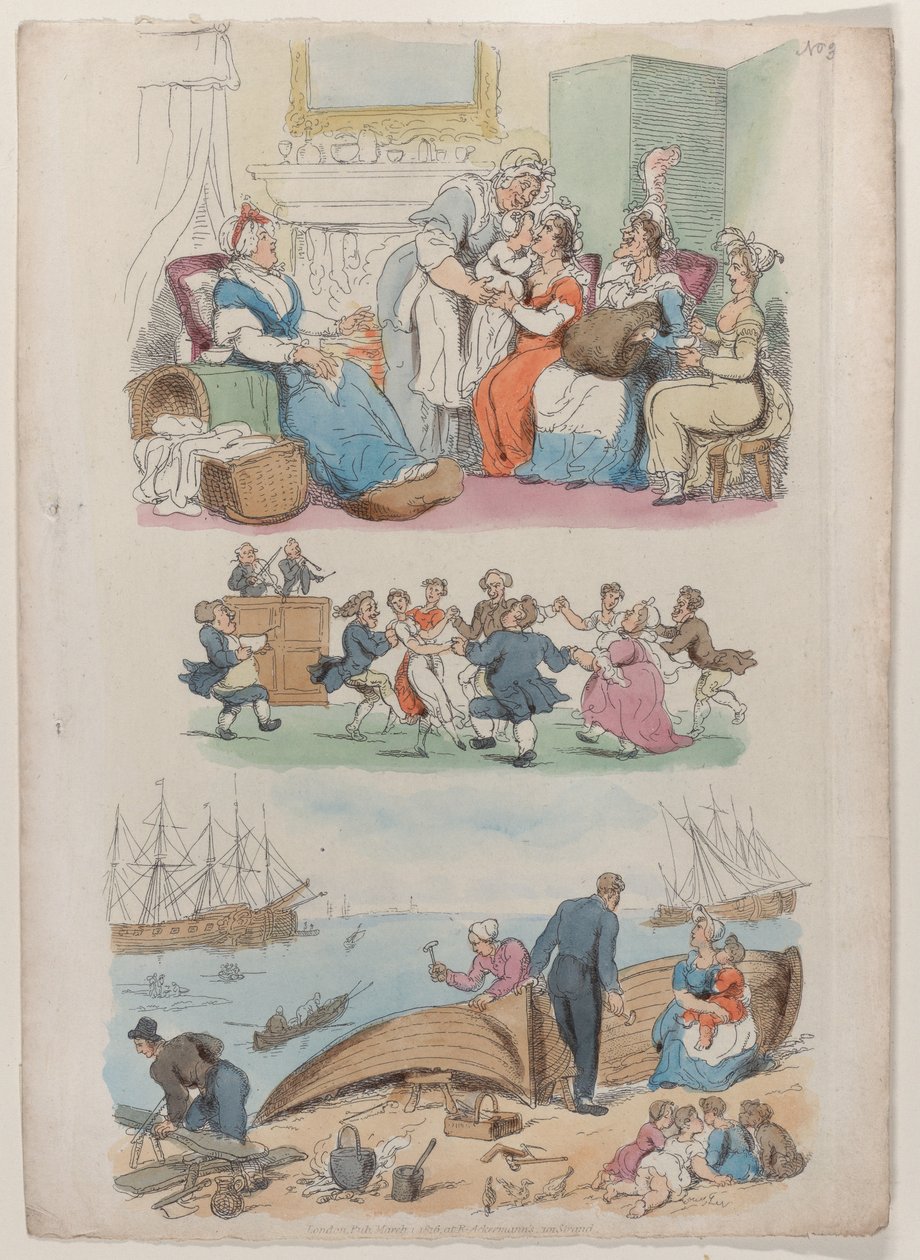 Tablica 4: Wizyta w pozycji leżącej, Okrągły taniec, ze świata w miniaturze, 1816., 1816. autorstwa Thomas Rowlandson