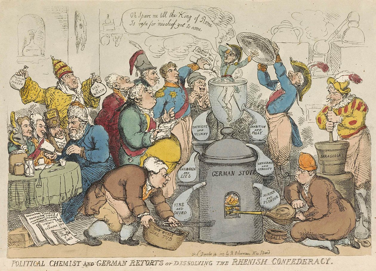 Politolog i niemieckie riposty czy rozwiązanie konfederacji nadreńskiej, wyd. 1813 (ręcznie kolorowane grawerowanie) autorstwa Thomas Rowlandson