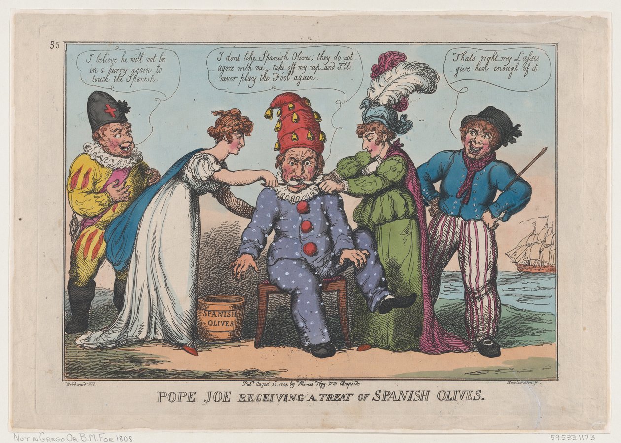 Papież Joe otrzymujący traktat z hiszpańskich oliwek, 23 sierpnia 1808 r., 23 sierpnia 1808 r. autorstwa Thomas Rowlandson