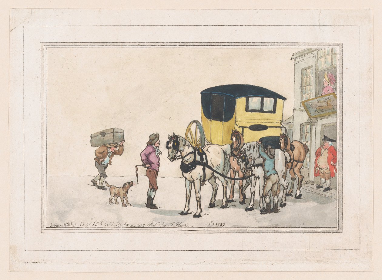 Post Boys and Post Horses w White Hart Inn, 15 grudnia 1787, 15 grudnia 1787. autorstwa Thomas Rowlandson