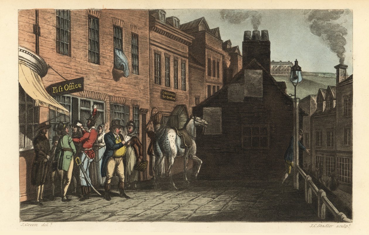 Poczta: Turyści odbierający pocztę na poczcie w Scarborough autorstwa Thomas Rowlandson