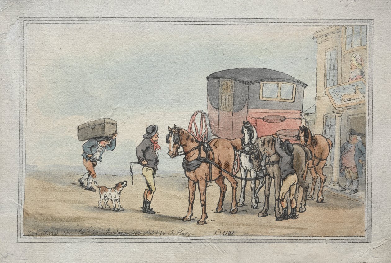 Listonosze i konie pocztowe w White Hart Inn autorstwa Thomas Rowlandson