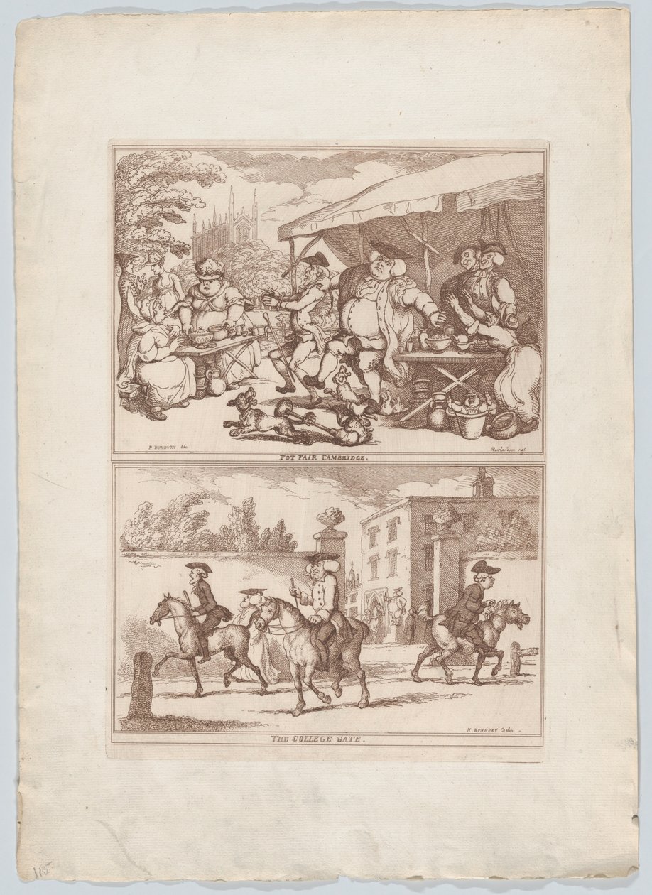 Pot Fair Cambridge, oraz The College Gate, 1780-90., 1780-90. autorstwa Thomas Rowlandson