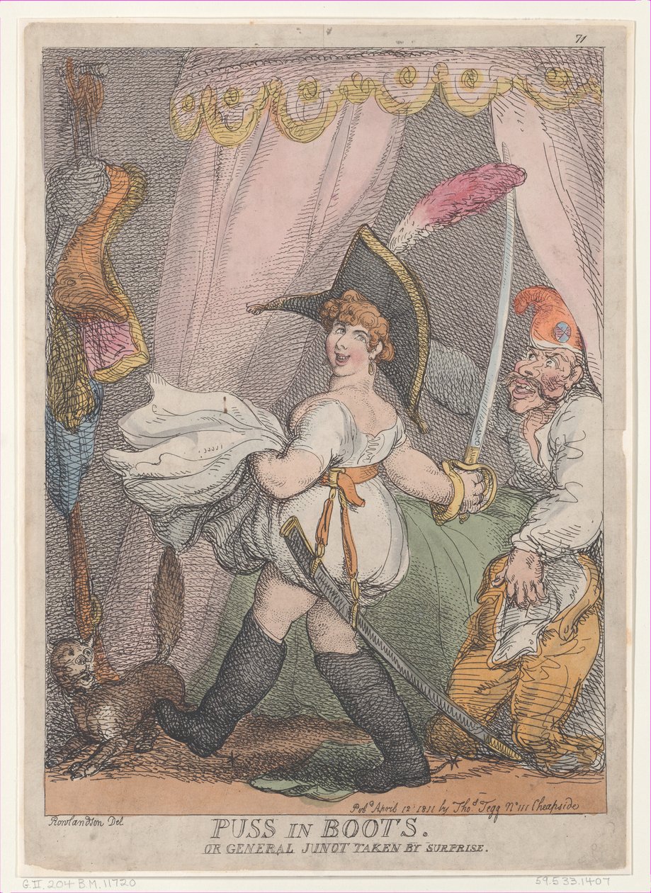 Kot w butach lub generał Junot wzięty przez zaskoczenie, 12 kwietnia 1811, 12 kwietnia 1811. autorstwa Thomas Rowlandson
