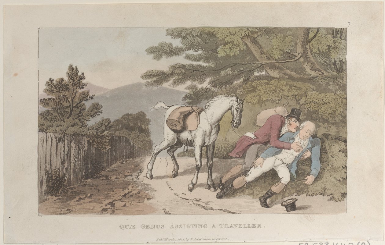 Quae Genus asystując podróżnikowi, z The History of Johnny Quae Genus, The Litt..., 1 marca 1822. autorstwa Thomas Rowlandson
