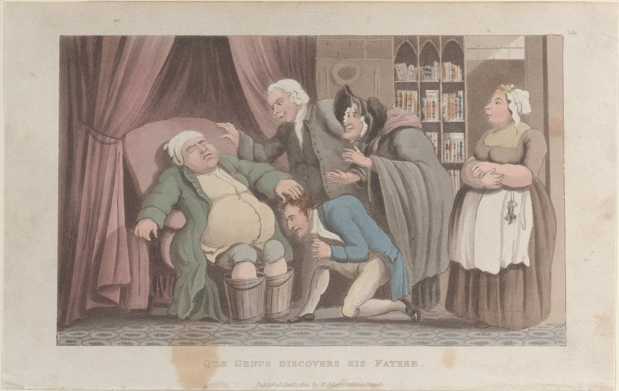 Quae Genus odkrywa swojego ojca, z The History of Johnny Quae Genus, The Li..., 1 stycznia 1822. autorstwa Thomas Rowlandson