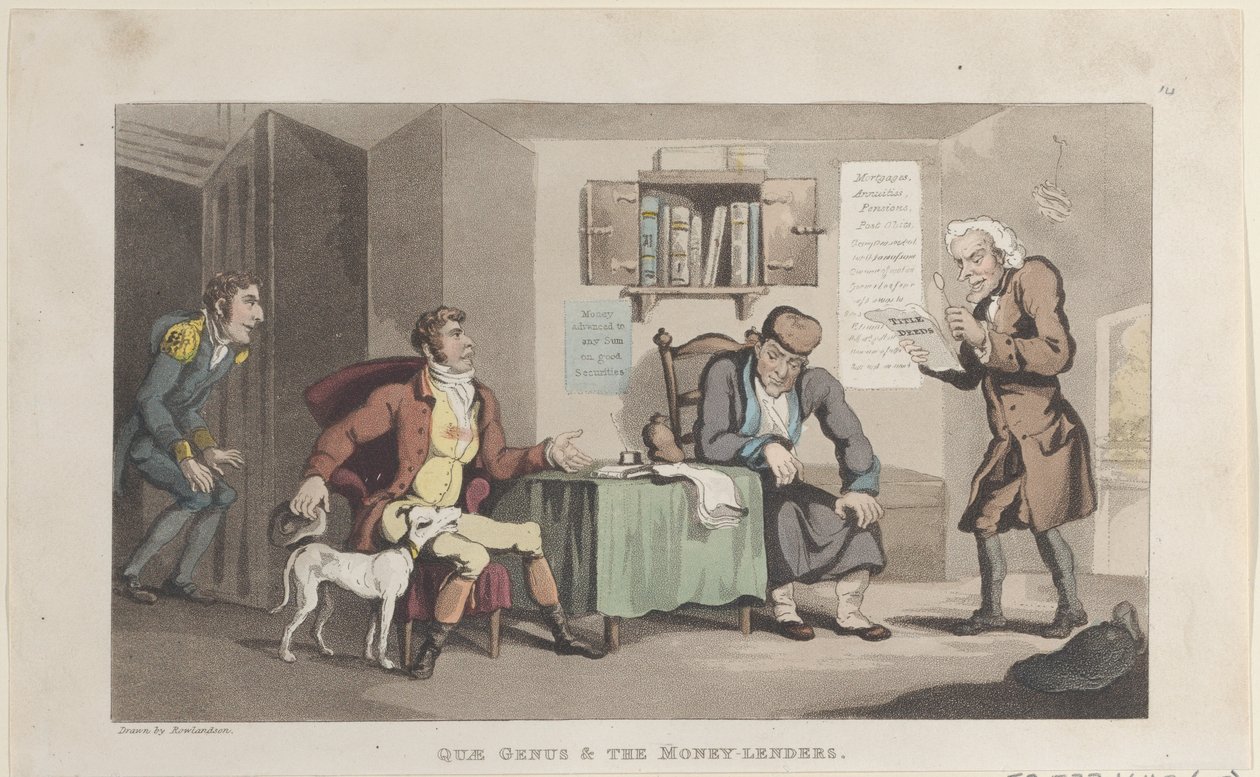 Quae Genus i pożyczkodawcy z The History of Johnny Quae Genus, The L..., 1 września 1821 r. autorstwa Thomas Rowlandson