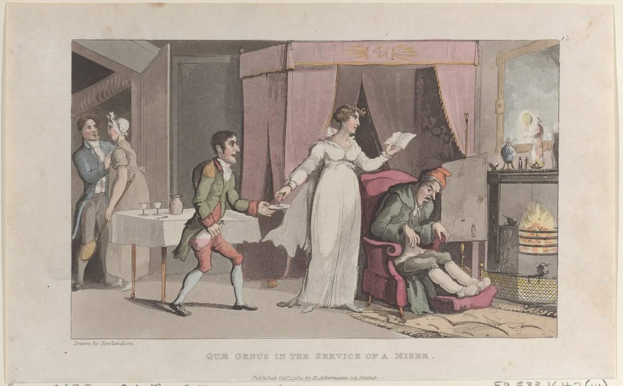 Quae Genus w służbie skąpca, z The History of Johnny Quae Genus, T..., 1 października 1821. autorstwa Thomas Rowlandson