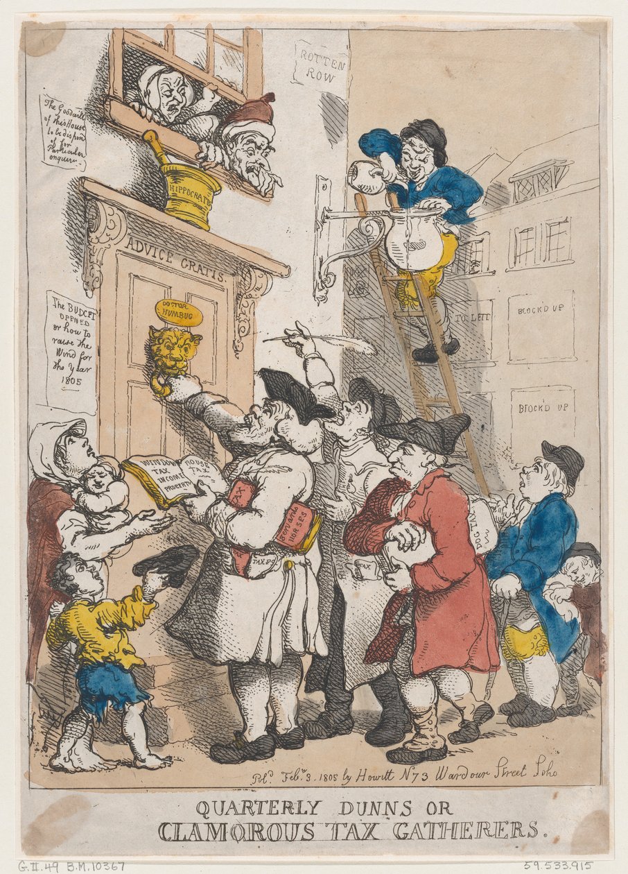Kwartalne Dunns, czyli krzykliwe zbieracze podatków, 3 lutego 1805 r., 3 lutego 1805 r. autorstwa Thomas Rowlandson