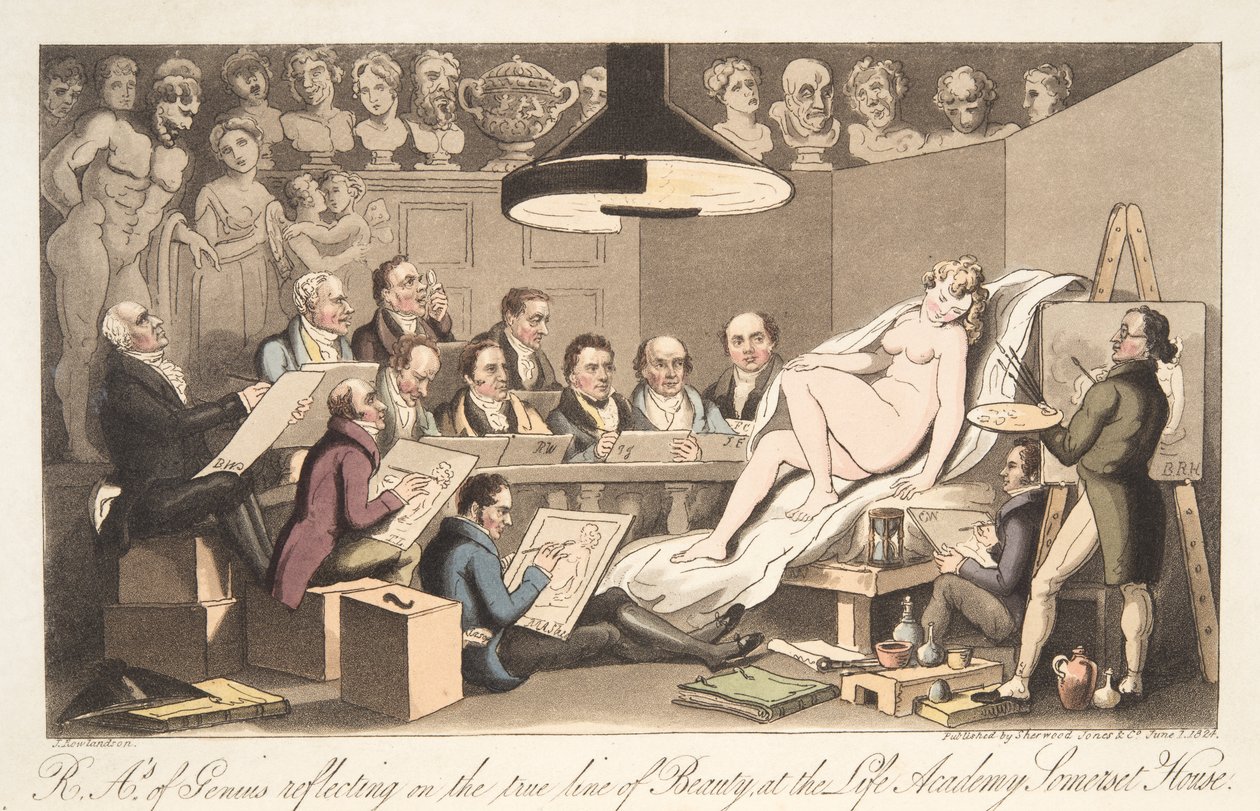 R---A---y od Geniusa, który zastanawia się nad prawdziwą linią Beauty at the Life Academy, Somerset House, z The English Spy, wyd. 1824 (grawerowanie ręcznie kolorowane) autorstwa Thomas Rowlandson