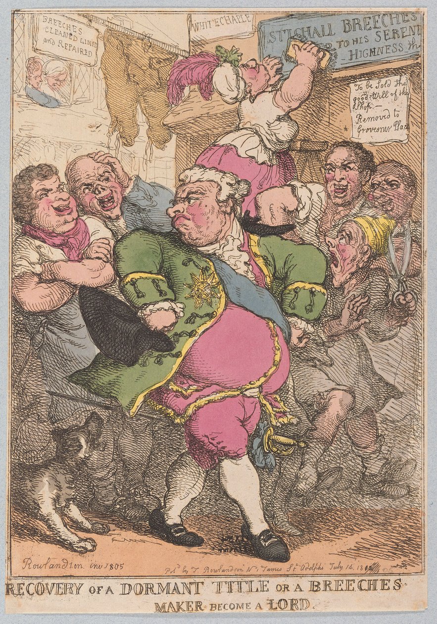 Odzyskanie Uśpionego Tytułu lub Bryczesy zostań Lordem, pub. 1805 (grawerowanie ręcznie kolorowane) autorstwa Thomas Rowlandson