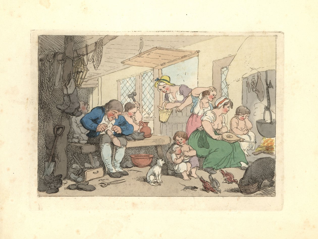 Regency szewc naprawia buty w zatłoczonym pokoju. autorstwa Thomas Rowlandson