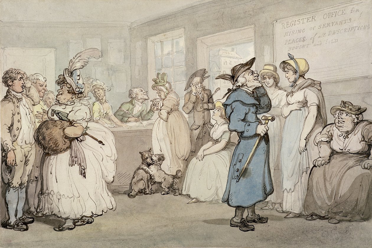 Urząd Stanu Cywilnego Zatrudnienia Sług, ok. 1805 (pióro i atrament z akwarelą na papierze) autorstwa Thomas Rowlandson