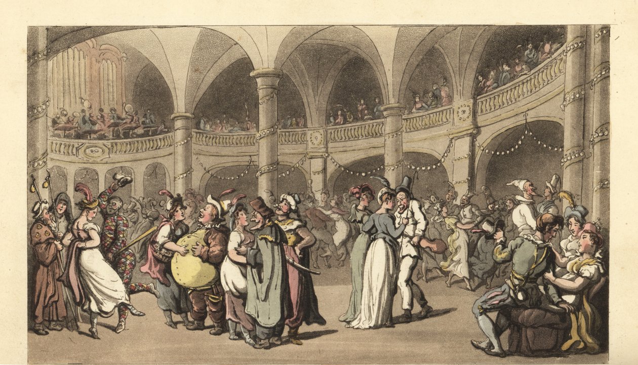 Biesiadnicy w kostiumach na balu maskowym w dużym teatrze autorstwa Thomas Rowlandson