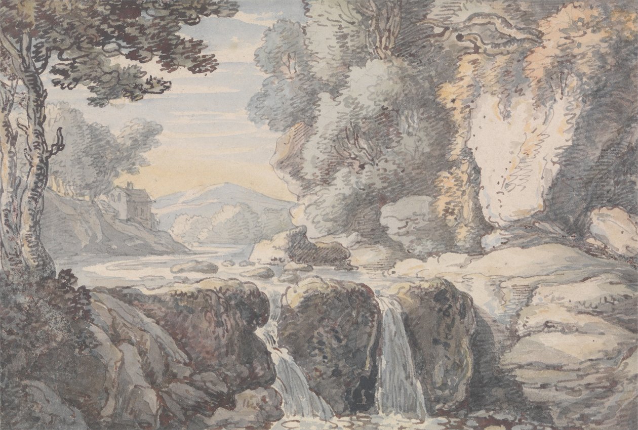 Krajobraz rzeczny z wodospadem autorstwa Thomas Rowlandson