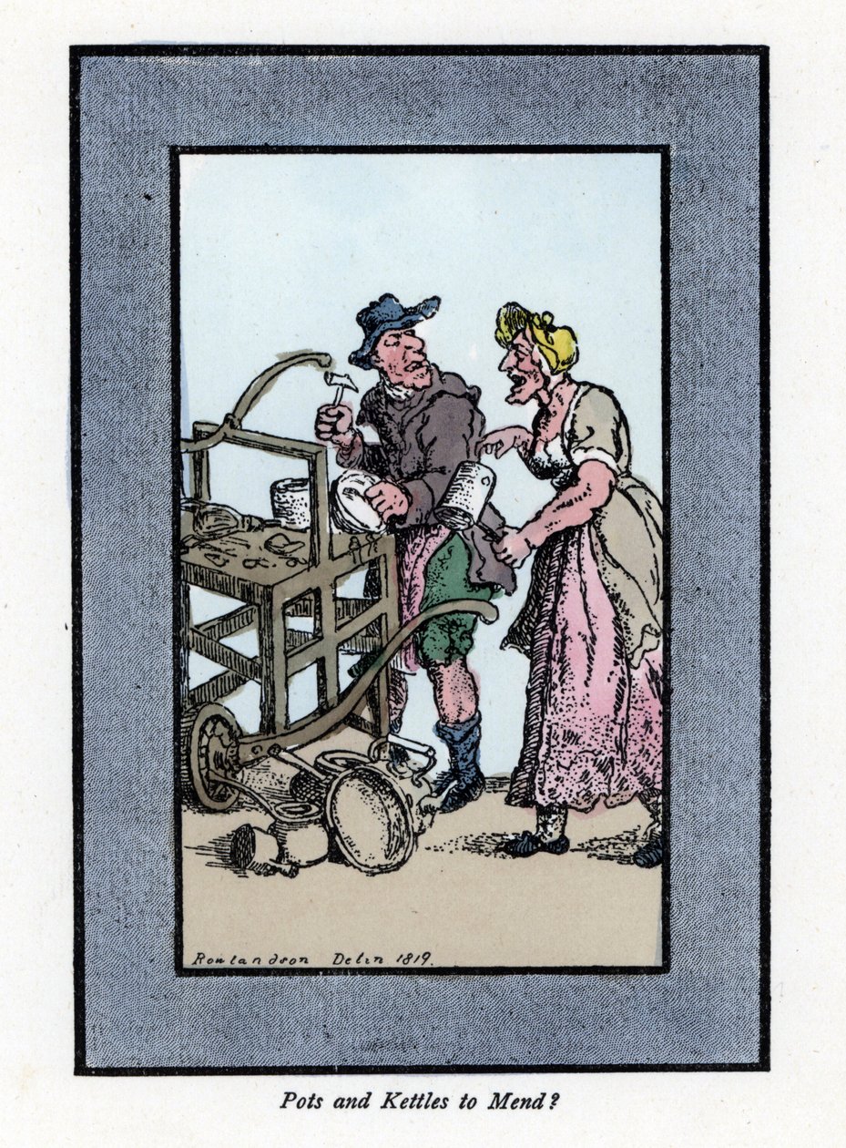 Roaming i retamer klienta pokazujący dno puli. Uderza młotkiem w metalowy garnek na przenośnej ławce. Drzeworyt, oparty na obrazie Thomasa Rowlandsona (1756-1827), opublikowany w The Cris of London: z sześciorgiem uroczych dzieci i prawie 40 i autorstwa Thomas Rowlandson
