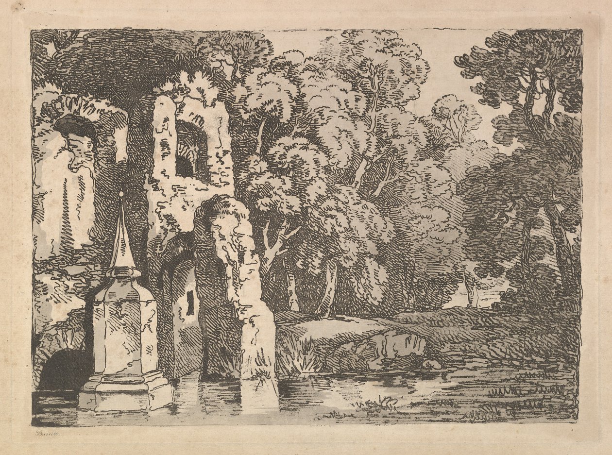 Ruiny obok sadzawki w zalesionym krajobrazie, 1783-84. autorstwa Thomas Rowlandson