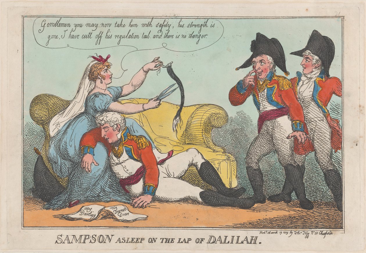 Sampson śpi na kolanach Dalilah, 19 marca 1809., 19 marca 1809. autorstwa Thomas Rowlandson