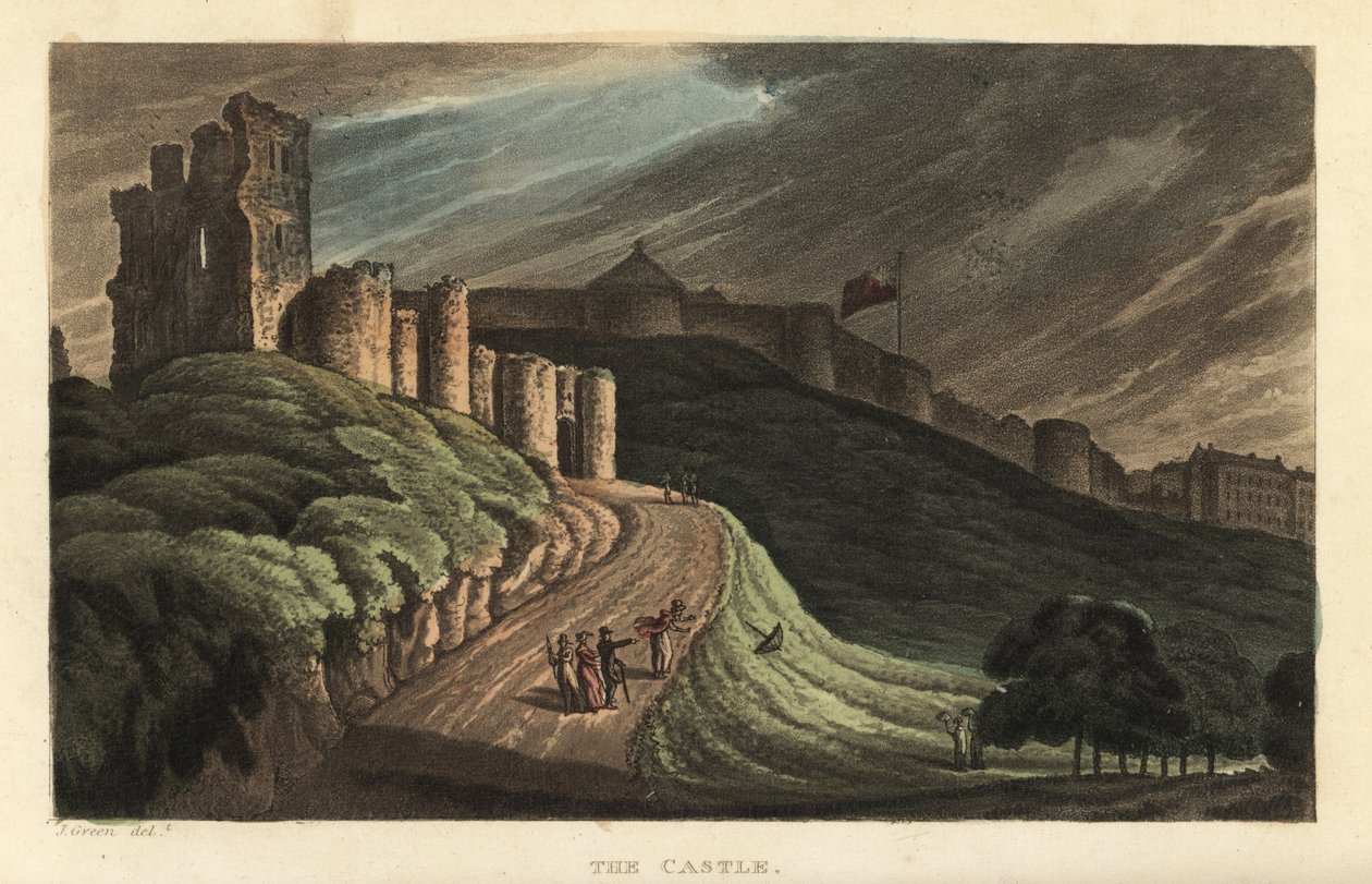 Zamek Scarborough: turyści wędrujący na wzgórze do kamiennego zamku z XII wieku. Ręcznie barwiony miedzioryt autorstwa Thomasa Rowlandsona według szkicu J. Greena z Poetical Sketches of Scarborough, Ackermann, Londyn autorstwa Thomas Rowlandson