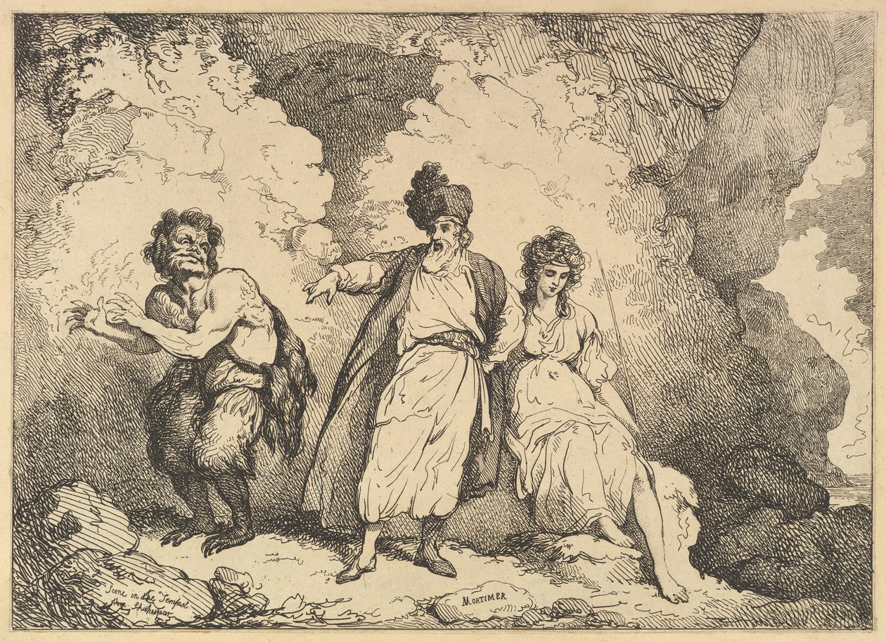 Scena z Burzy: Kaliban, Prospero i Miranda, [1783-87] wznowiona 1801. autorstwa Thomas Rowlandson