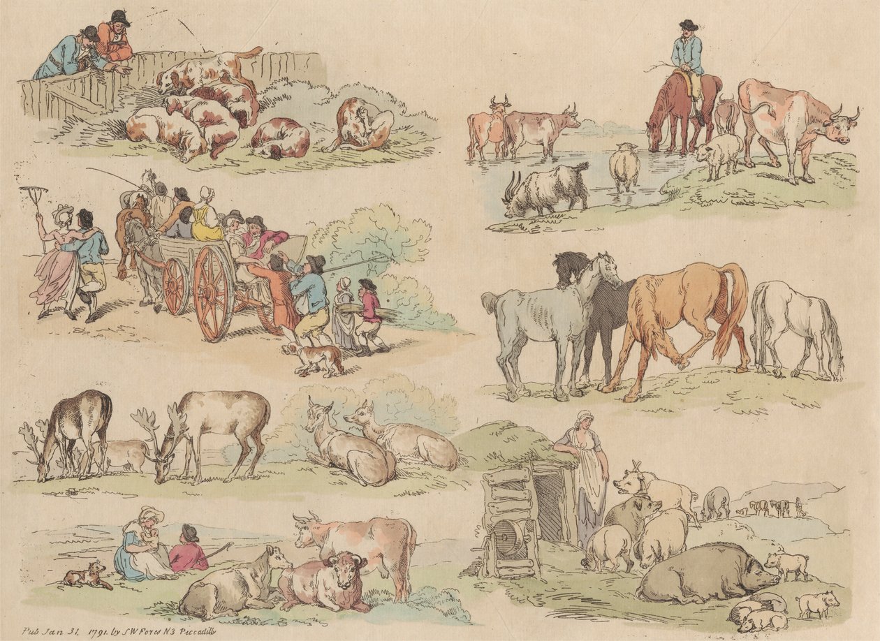 Zestaw szesnastu: zarysy postaci i pejzaże autorstwa Thomas Rowlandson