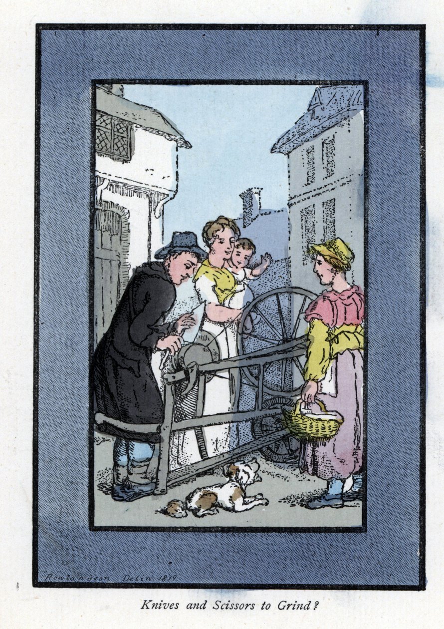 Ostrzarka ostrząca nóż na swojej tarczy szlifierskiej, ze swoimi klientami (1819). Drzeworyt na podstawie obrazu Thomasa Rowlandsona (1756-1827), opublikowany w The Cris of London: z sześciorgiem uroczych dzieci i prawie 40 ilustracjami, Andrew Tuer, Fiel autorstwa Thomas Rowlandson