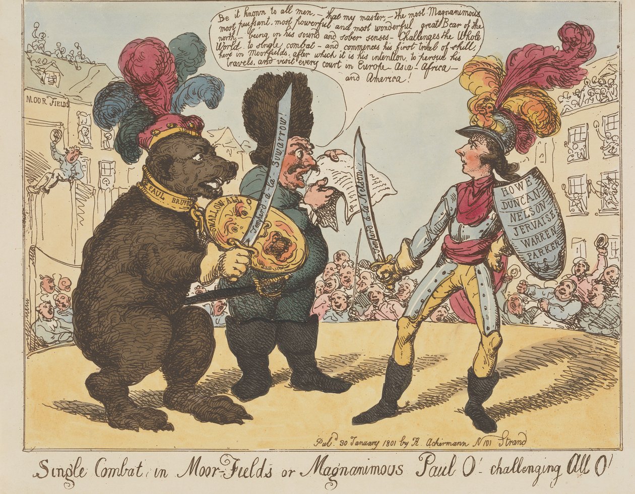 Pojedynek w Moorfields, czyli wielkoduszny Paul O! - wyzywający wszystkich O! (z: Caricature, t. 4) autorstwa Thomas Rowlandson