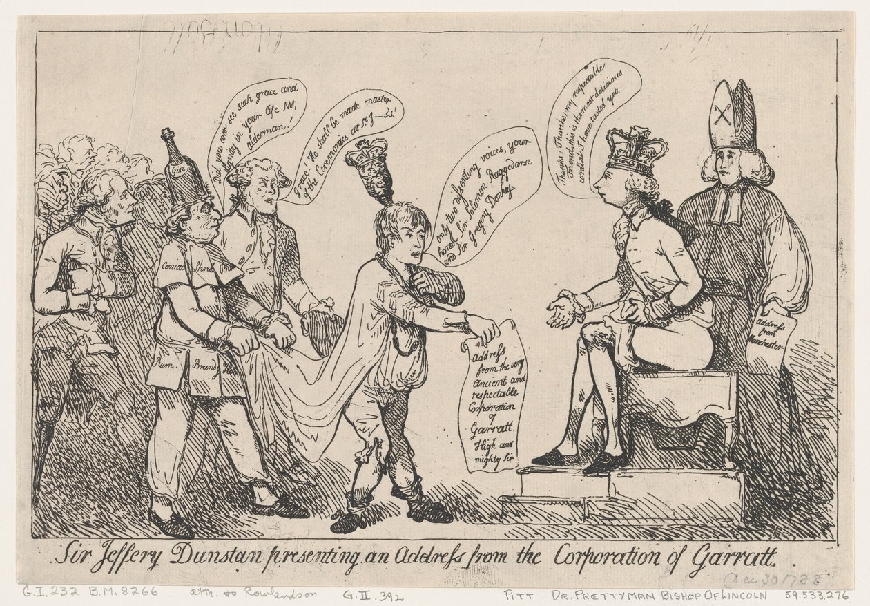 Sir Jeffery Dunstan wygłasza przemówienie w imieniu Rady Miasta Garratt autorstwa Thomas Rowlandson