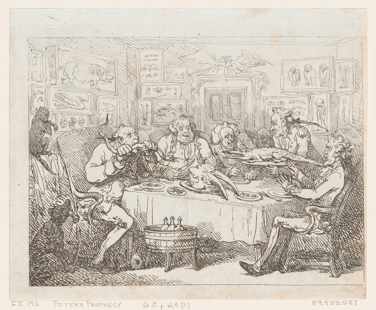Sir Joseph Banks ma zamiar zjeść aligatora „Wieczerza rybna”, 1788 lub później. 1788 lub później. autorstwa Thomas Rowlandson