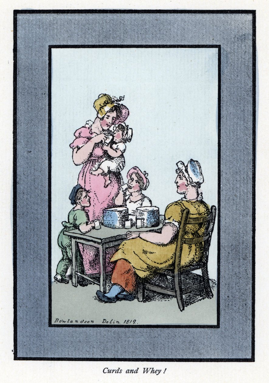 Siedząca kobieta sprzedająca przepiórcze mleko i mleko ma matkę i dzieci (1819). Drzeworyt, oparty na obrazie Thomasa Rowlandsona (1756-1827), opublikowany w The Cris of London: z sześciorgiem uroczych dzieci i prawie 40 ilustracjami, Andrew Tuer, Field autorstwa Thomas Rowlandson