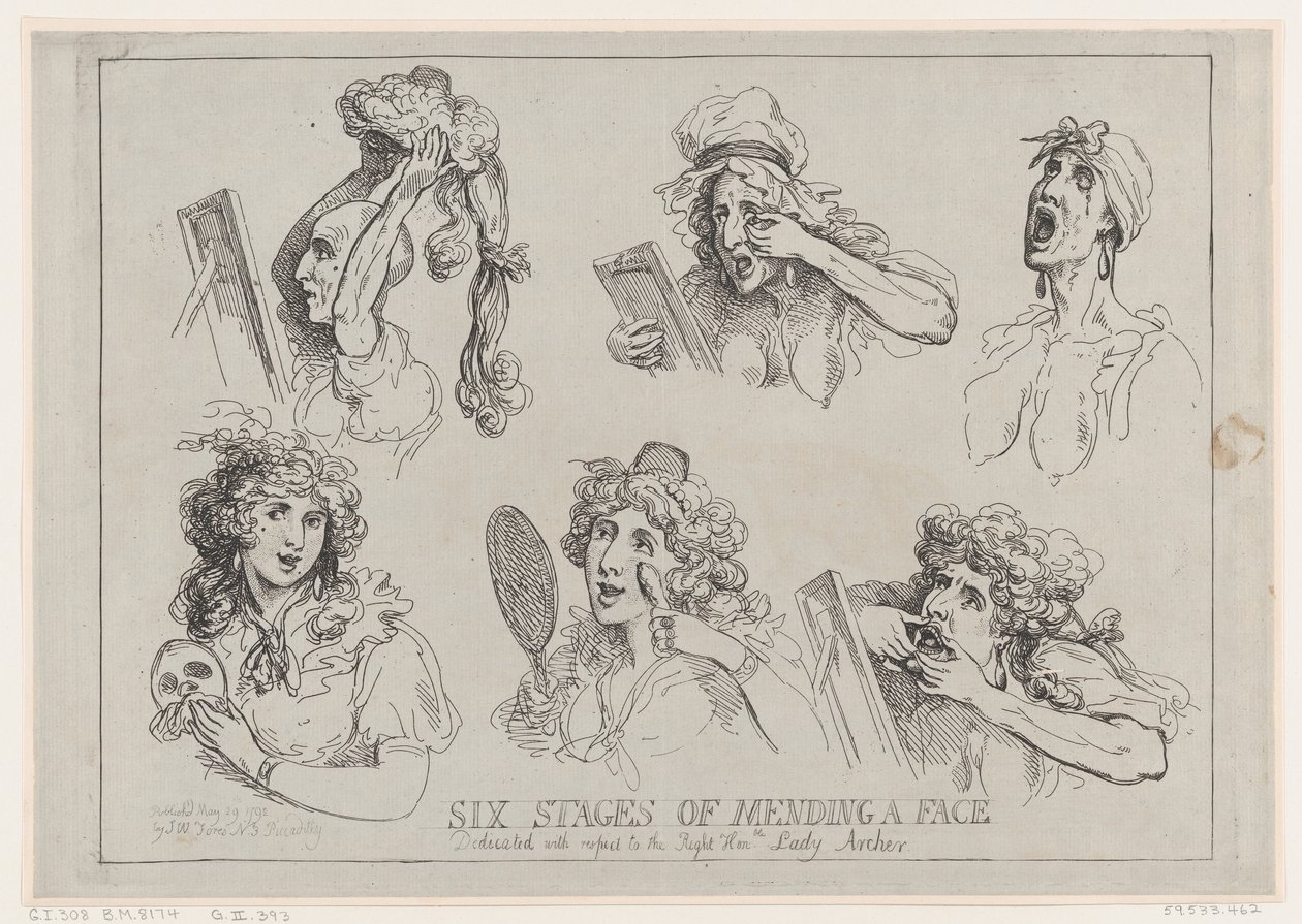 Sześć etapów naprawy twarzy, poświęconych w odniesieniu do Prawego Hon-ble. Lady Ar..., 29 maja 1792. autorstwa Thomas Rowlandson