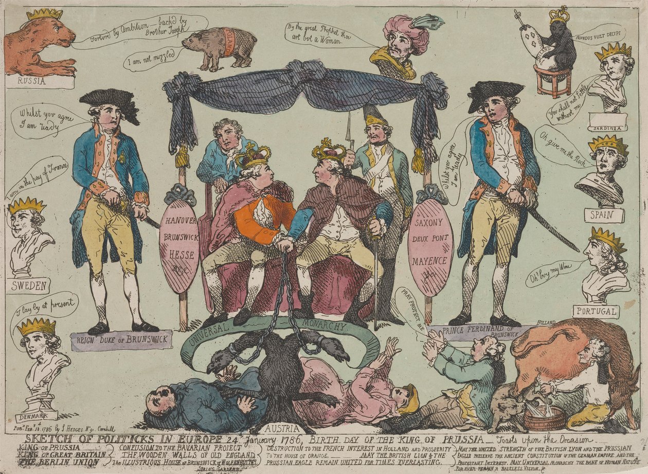 Zarys sytuacji politycznej w Europie, 24 stycznia 1786 r. – urodziny króla Prus--- autorstwa Thomas Rowlandson