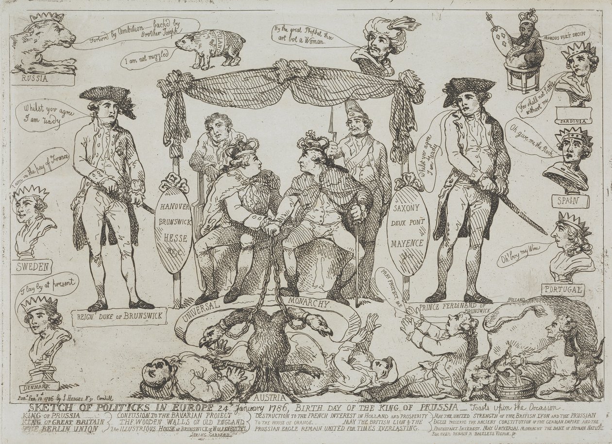 Zarys sytuacji politycznej w Europie, 24 stycznia 1786 r. – urodziny króla Prus autorstwa Thomas Rowlandson
