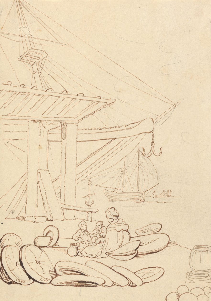 Szkic przedstawiający kobietę i dzieci siedzące na nabrzeżu autorstwa Thomas Rowlandson