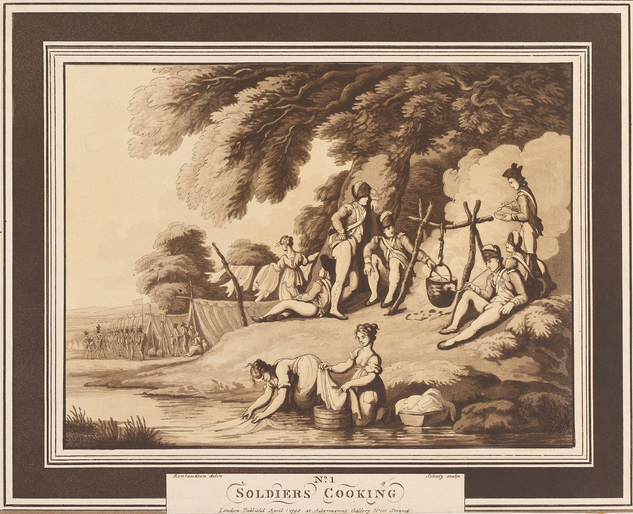 „Gotowanie żołnierzy”, ok. 1798 (akwatinta, sepia) autorstwa Thomas Rowlandson