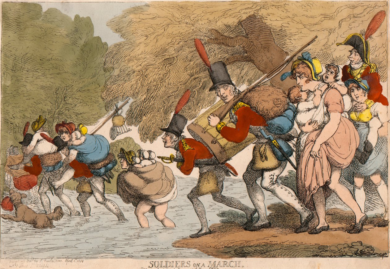 Żołnierze w marszu: „Aby spakować swoje łachmany i podążać za bębnem” autorstwa Thomas Rowlandson